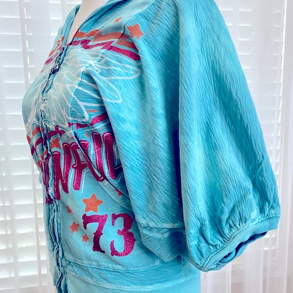 NWOT SINFUL by AFFLICTION ZIP UP HOODIE BUBBLE HALF SLEEVES CASUAL BLUE SZ SMALL - Picture 3 of 6